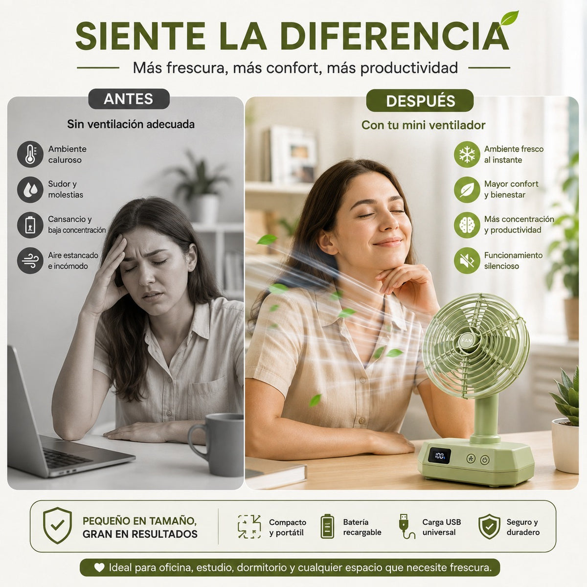 Mini ventilador de mesa recargable USB