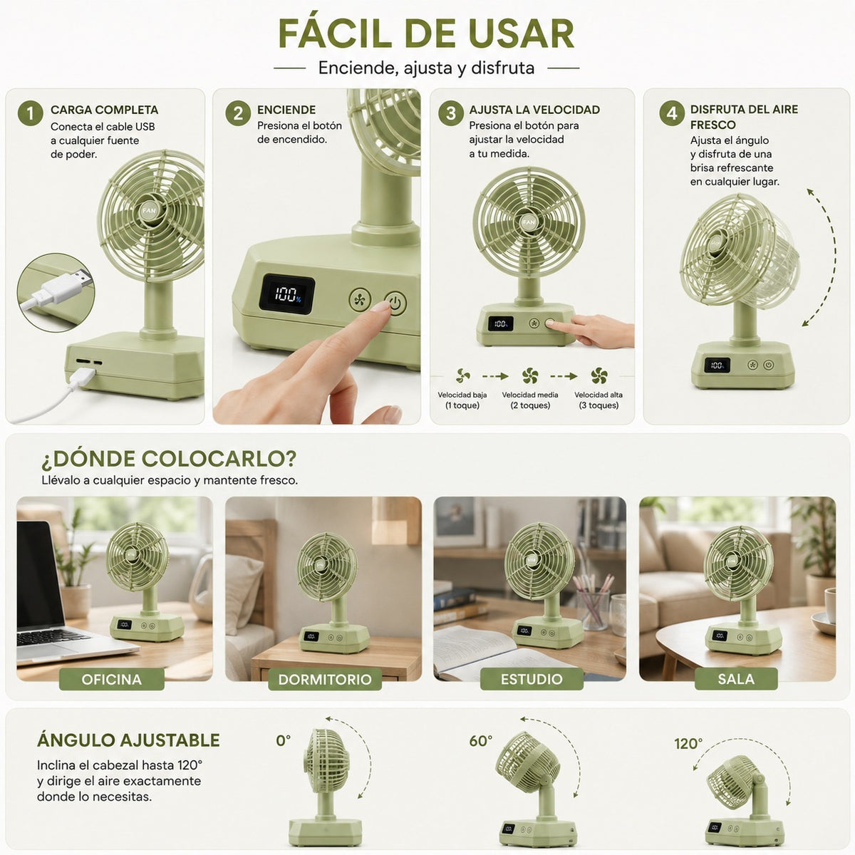 Mini ventilador de mesa recargable USB