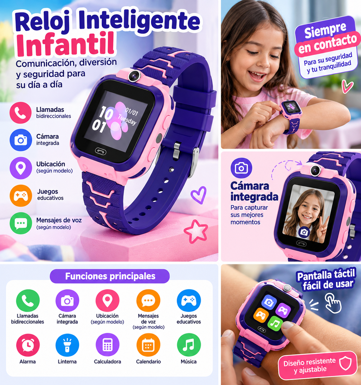 Reloj inteligente infantil con cámara y pantalla táctil