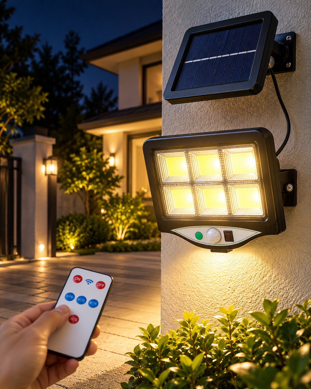 Lámpara solar LED exterior con sensor de movimiento