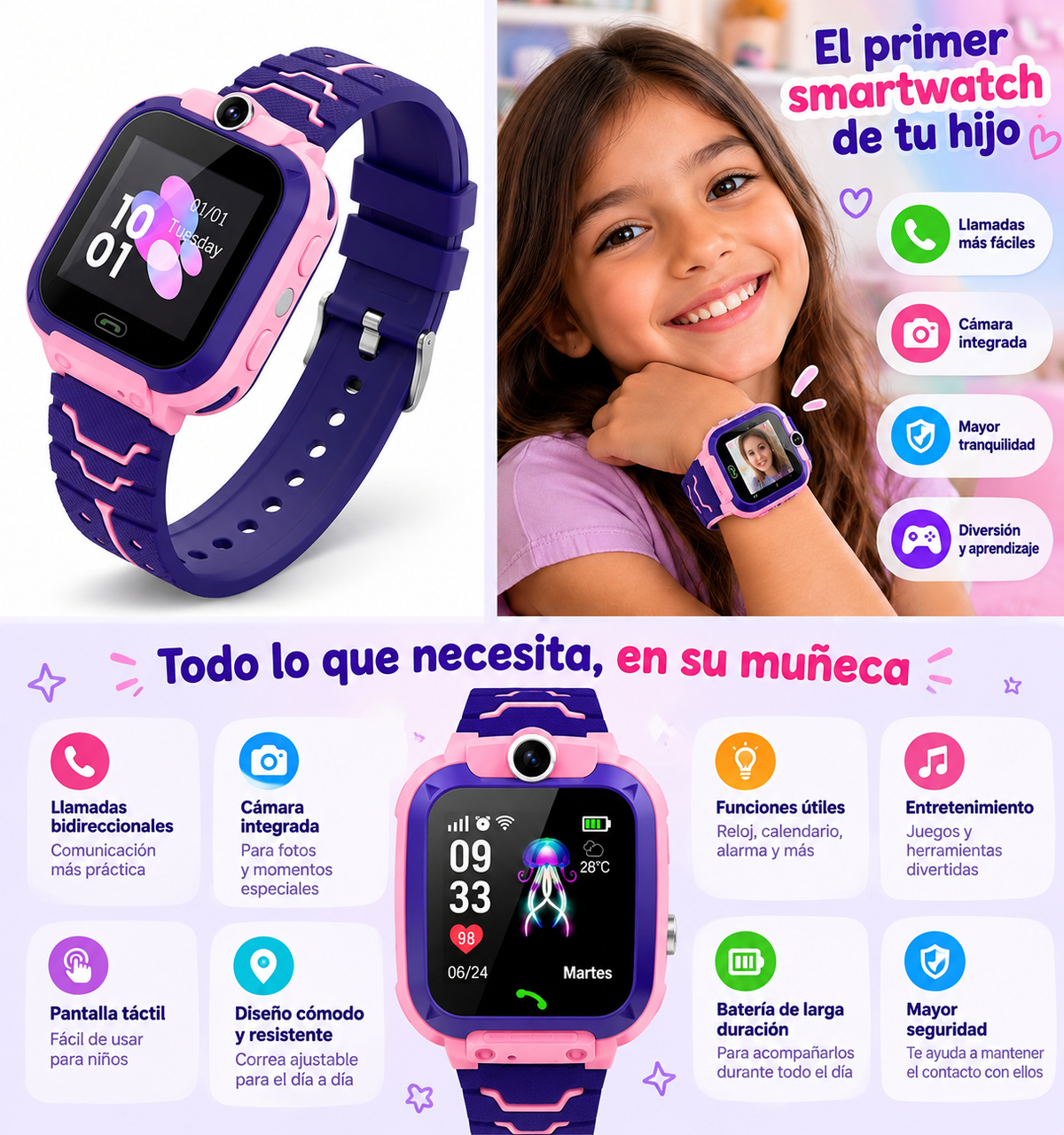 Reloj inteligente infantil con cámara y pantalla táctil