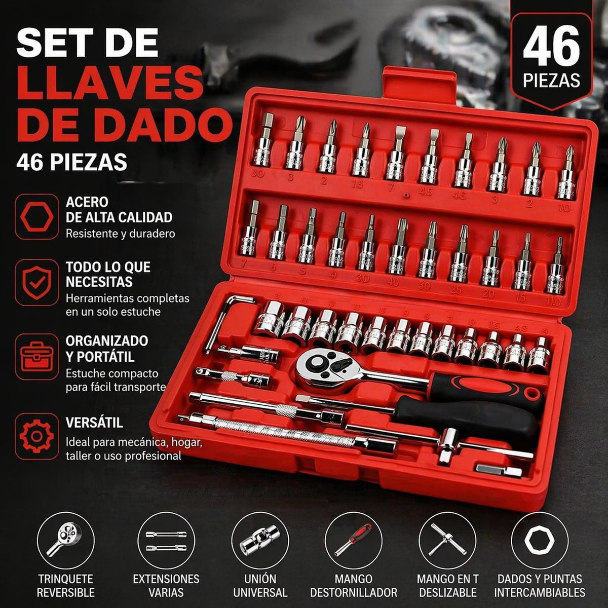 Juego de llaves de dado de 46 piezas